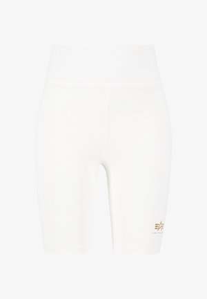 Weiße, hoch taillierte Sportshorts mit einem kleinen goldenen Logo am unteren linken Bein, entworfen für sportliche Aktivitäten oder den Freizeitgebrauch.
