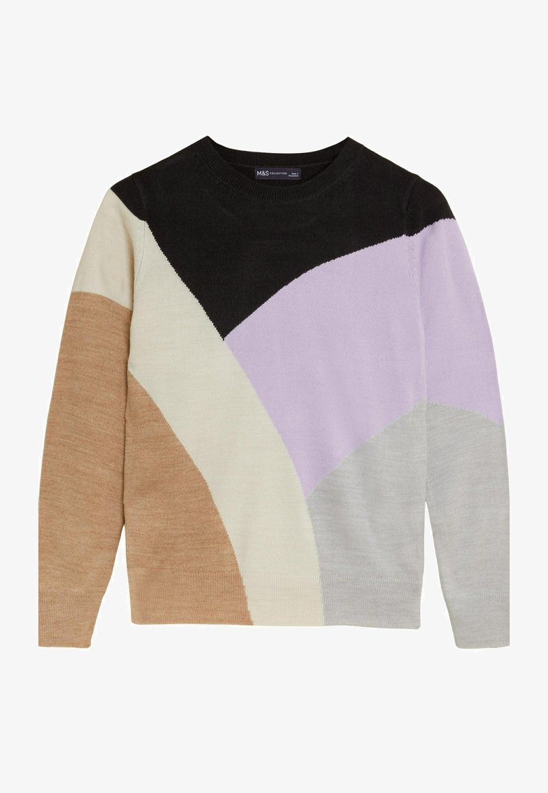 Pull en tricot avec un col rond et un motif géométrique dans des tons beige, violet clair, gris, noir et marron. Texture douce, manches longues.