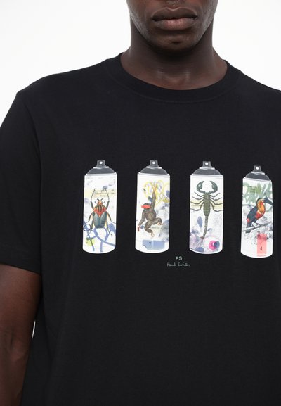 Black cotton t-shirt featuring four spray paint cans adorned with detailed illustrations of insects and animals in vibrant colors.