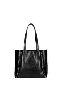 Černá kožená taška přes rameno s dvěma dlouhými uchy, hladkým povrchem a kontrastními bočními zipovými kapsami. Jednoduchý, obdélníkový tvar s minimálními akcenty.