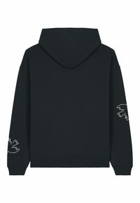 Schwarzer Kapuzenpullover mit langen Ärmeln, verfügt über weiße Wolgrafiken auf dem linken Arm, gerippte Bündchen und Saum, aus weichem Stoff gefertigt.