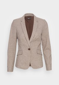 Blazer a trama beige con rever a punta, chiusura con un singolo bottone marrone, due tasche frontali e una morbida fodera interna marrone.