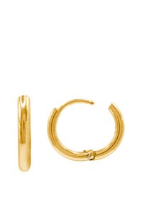 Orecchini a cerchio in tono oro con superficie liscia e lucida. Forma rotonda con chiusura sicura, dal diametro di circa 5 cm.