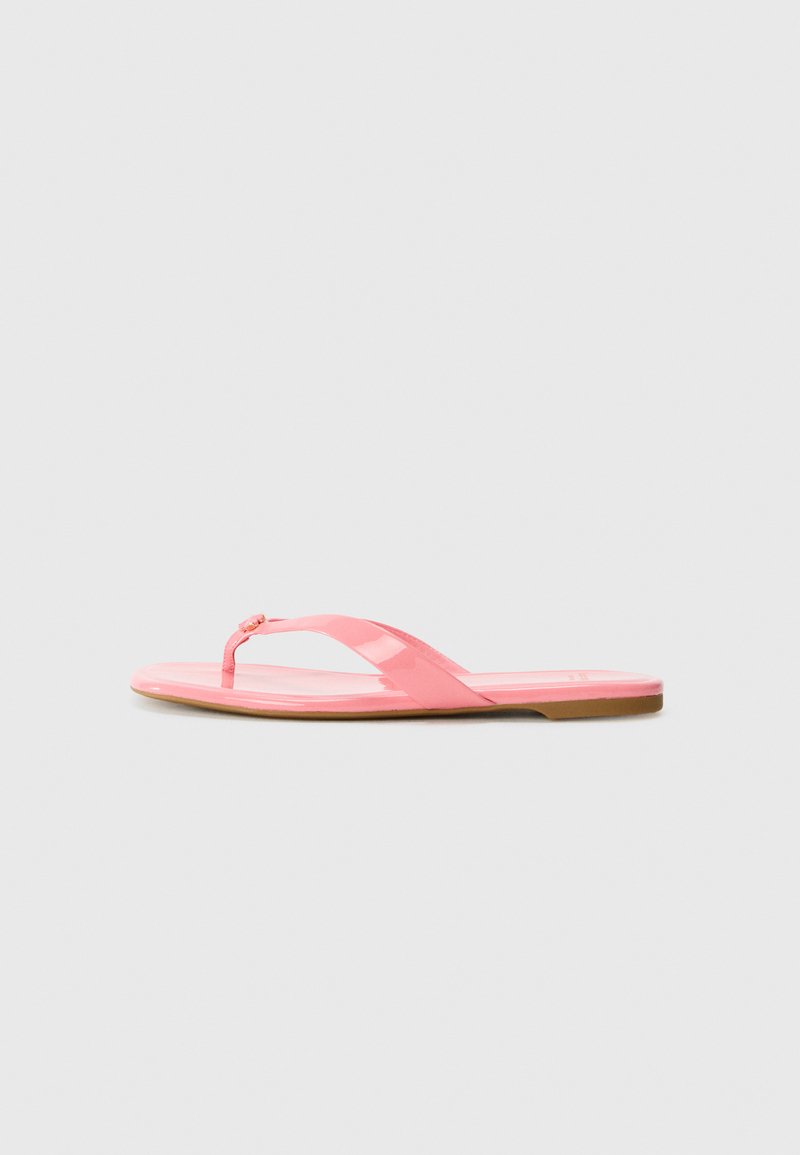 Infradito rosa lucido con una sottile fascetta e un piccolo dettaglio decorativo all'alluce. Suola piatta di colore beige.