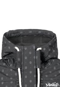 Black hooded jacket with a patterned fabric, featuring a soft interior, adjustable drawstring, and logo at the bottom right.