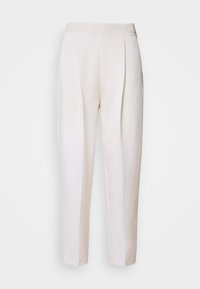Krem boje krojene hlače s glatkom teksturom, sa prednjim nabora i elegantnim dizajnom. Nema vidljivih džepova ili metalnih dijelova.