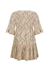 Blumenkleid mit cremefarbenem Hintergrund, ausgestattet mit kurzen, ausgestellten Ärmeln und einem Rüschensaum. Aus leichtem Stoff gefertigt.