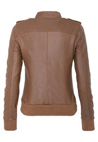 Bruine leren jas, slim-fit ontwerp, geribbelde manchetten en onderkant, schouderepauletten, zichtbare stiksels, soepele textuur, geen zichtbare sluitingen.