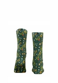 Calzini verdi con una stampa festiva di agrifoglio, stelle e bastoncini di zucchero con accenti bianchi, realizzati in morbido materiale tessile.