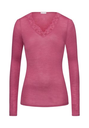 Roze trui met lange mouwen, een V-hals en bloemenkantafwerking, met een getailleerd ontwerp en een gladde, lichte textuur.