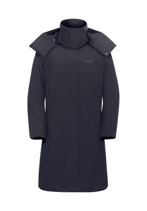 Lange donkerblauwe parka met een hoge kraag, voorzien van een rits aan de voorkant, zijzakken en een licht gestructureerde stof.