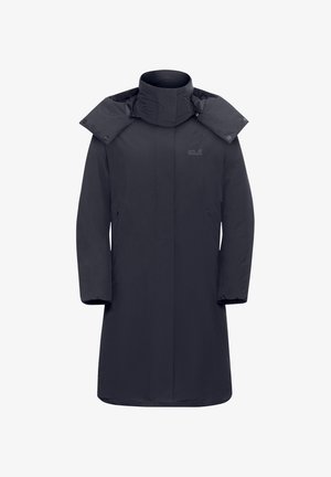Lange donkerblauwe parka met een hoge kraag, voorzien van een rits aan de voorkant, zijzakken en een licht gestructureerde stof.