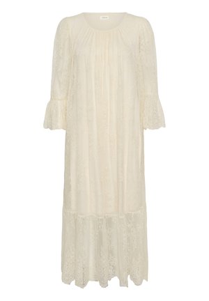 Robe midi en dentelle crème avec manches cloche 3/4, encolure froncée et détails d'ourlet festonné.