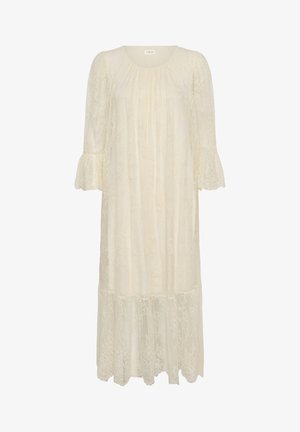 Robe midi en dentelle crème avec manches cloche 3/4, encolure froncée et détails d'ourlet festonné.