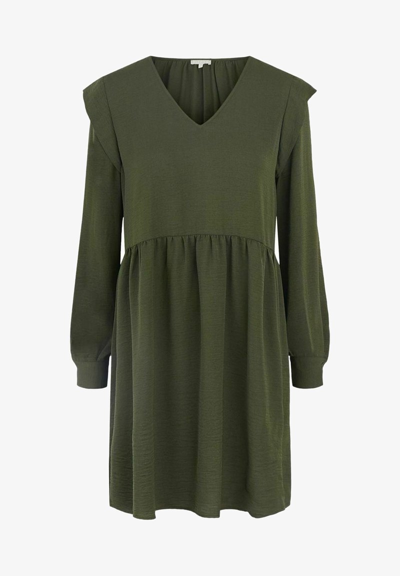 Robe vert olive à manches longues avec encolure en V, taille froncée, épaules rembourrées et manches retroussées.