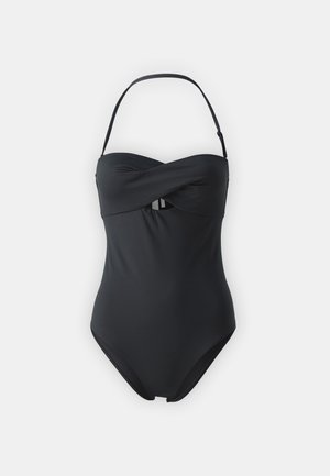 Črno enodelno kopalo iz gladkega, raztegljivega materiala z zasukanim sprednjim oblikovanjem in tankimi nastavljivimi naramnicami. Brez vzorcev ali dodatkov.