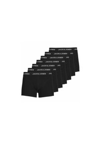 Schwarze Boxer-Briefs aus weichem Stoff, mit einem dehnbaren Bund, der mit wiederholtem "JACK & JONES"-Schriftzug auf weißem Hintergrund gestaltet ist.
