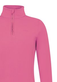 Pullover rosa a maniche lunghe con colletto alto e zip a metà, realizzato in un tessuto morbido e elasticizzato. Presenta un logo del marchio discreto sul petto.