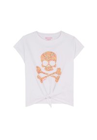 White cotton t-shirt featuring a colorful skull and crossed bones graphic in orange and yellow, with a knotted front detail.
