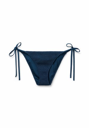 Marineblaue Bikinihose mit strukturiertem Frontpanel und verstellbaren Seitenschnüren auf weißem Hintergrund.