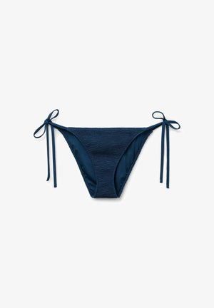 Marineblaue Bikinihose mit strukturiertem Frontpanel und verstellbaren Seitenschnüren auf weißem Hintergrund.