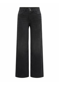 Jean noir large en denim, avec une taille mi-haute, cinq poches et une fermeture à bouton simple à l'avant.