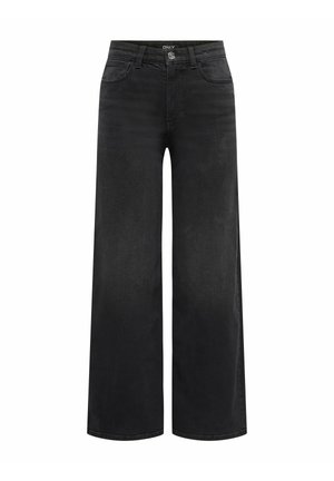 Jean noir large en denim, avec une taille mi-haute, cinq poches et une fermeture à bouton simple à l'avant.