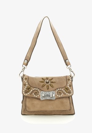 Borsa a tracolla color cuoio con ricamo floreale, borchie d'accento argentate e chiusura metallica. Dotata di una singola tracolla regolabile.