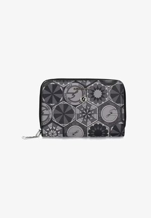 Schwarze und graue Geldbörse mit geometrischen Mustern und Logos, aus strukturiertem Material gefertigt, mit einem Reißverschluss und silbernen Hardware-Details.