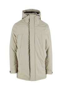 Beige vadderad jacka med hög krage, dragkedja fram och två sidofickor. Har en sl�ät textur och huva med dragsko.
