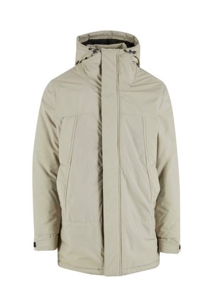 Beżowa pikowana kurtka z wysokim kołnierzem, zapięciem na zamek błyskawiczny z przodu i dwiema bocznymi kieszeniami. Posiada gładką teksturę i kaptur ze sznurkiem.