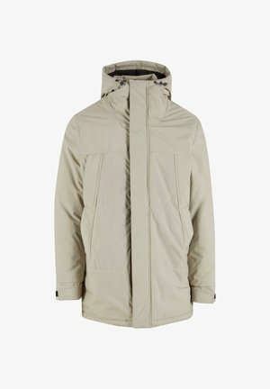 Beežist vooderdatud jope kõrge kraega, ees luku sulgemisega ja kahe küljetaskuga. Omab siledat tekstuuri ja reguleeritavat kapuutsi.