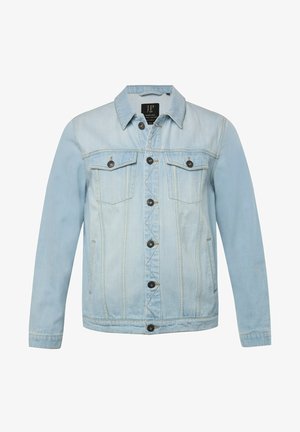 Vaaleansininen farkkutakki, jossa on kärjellinen kaulus, nepparilla sulkeutuva etuosuus, kaksi rintataskua ja sivutaskut, joissa on oranssit ompeluyksityiskohdat.