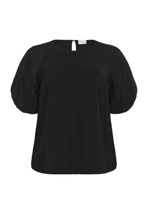 Schwarze Bluse mit Rundhalsausschnitt, kurzärmeligen Puffärmeln und einem kleinen Schlüssellochverschluss hinten. Hergestellt aus einem glatten, leichten Stoff.