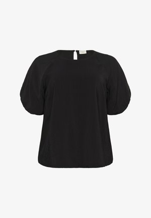 Black blouse featuring a round neckline, puffed short sleeves, and a small back keyhole opening. Made from a smooth, lightweight fabric.