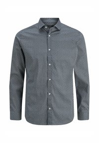 Cămașă cu mâneci lungi de culoare albastru închis, cu modele geometrice albe. Are un guler clasic și închidere cu nasturi pe față. Material din amestec de bumbac.