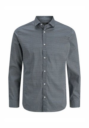 Cămașă cu mâneci lungi de culoare albastru închis, cu modele geometrice albe. Are un guler clasic și închidere cu nasturi pe față. Material din amestec de bumbac.