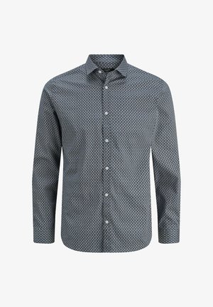 Long-sleeve shirt in dark blue with geometric white patterns. Features a classic collar and front button closure. Cotton blend fabric.