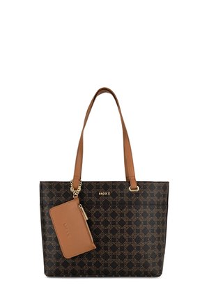 Dunkelbraune Tote-Tasche mit Sternenmuster, zwei hellbraunen Griffen und einer kleinen passenden Tasche mit goldener Kette und Reißverschluss.