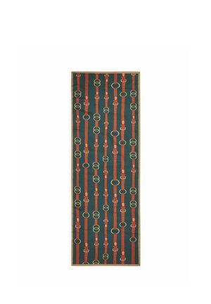 Silk scarf with a green background featuring vertical brown leather belts and gold rings in a repeating pattern.