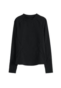 Sudadera negra de manga larga hecha de una tela suave, con un cuello redondo, mangas raglán y un dobladillo curvado con sutilezas en los detalles de costura.