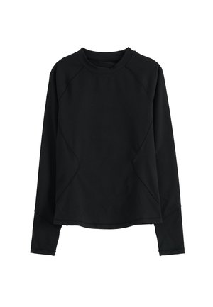 Zwarte sweatshirt met lange mouwen, gemaakt van zachte stof, met een ronde halslijn, raglanmouwen en een gebogen zoom met subtiele stikdetails.