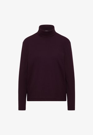 Pull à col roulé bordeaux à manches longues, texture côtelée et coupe décontractée. Sans fermetures ni motifs supplémentaires. Finition en tissu doux.