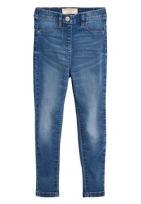 Džínsy v strednom modrom odtieni, s piatimi vreckami, s uzáverom na gombík a jemným vyblednutím na stehnách. Slim fit strih s hladkou textúrou.