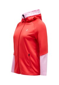 Red zip-up hoodie with a pink collar and accents. Features a front zipper and side pocket, made from stretchy, smooth fabric.