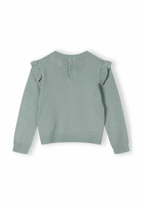 Maglione verde lavorato a maglia con dettagli arricciati sulle spalle, scollatura rotonda e chiusura con bottoni sul retro. Polsini e orlo a coste.