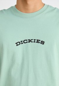 Menta zöld, kerek nyakú póló, amelyen egy fekete, ívelt "DICKIES" logó található az elején. Puha, sima pamut anyagból készült.