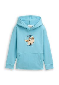 Lichtblauwe hoodie van zachte katoen, met een frontzak en een cartoonontwerp van een verrast dier met de tekst "WIE IS DIT?"