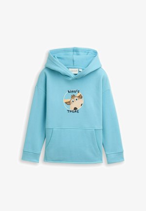 Svetlomodrá mikina s kapucňou z mäkkej bavlny, s prednou vreckou a kresleným dizajnom prekvapeného zvieraťa s textom "KTO JE TAM?"