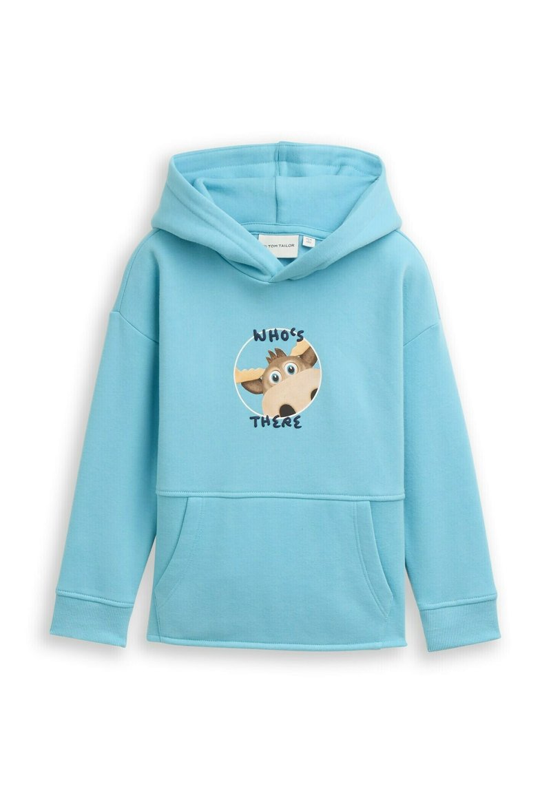 Lichtblauwe hoodie van zachte katoen, met een frontzak en een cartoonontwerp van een verrast dier met de tekst "WIE IS DIT?"